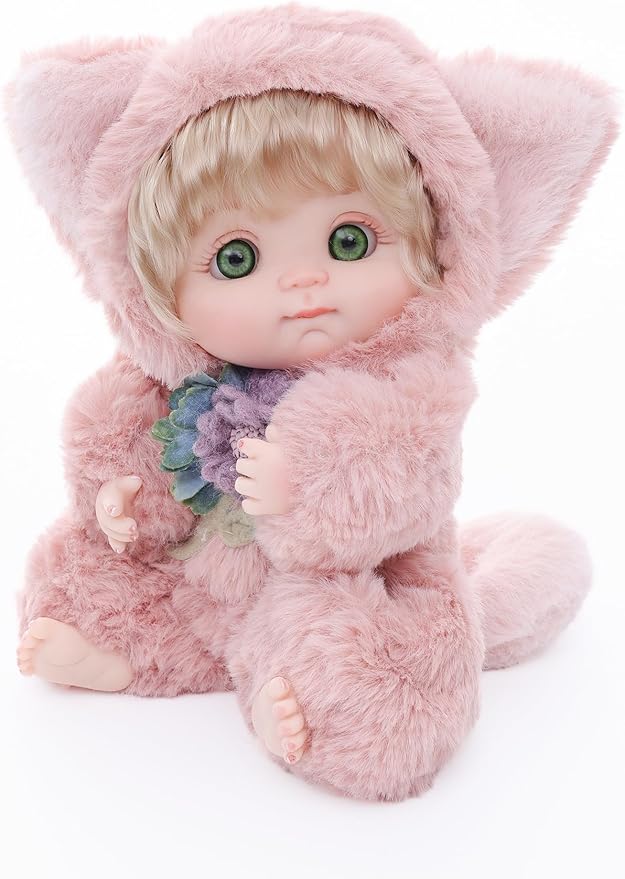 Reborn Baby Doll 10 Inch – Realistic Vinyl Girl with Green Eyes in Pink Fox Outfit – Collectible Comfort Gift for Girls