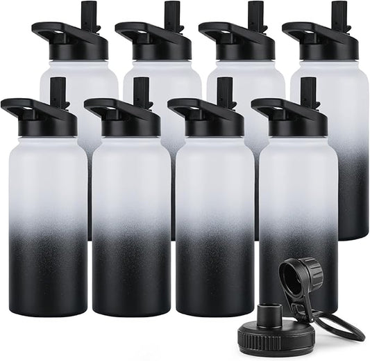 DOMICARE 32 oz Insulated Water Bottle Bulk, Vacuum Insulated Stainless Steel Sports Water Bottle with Straw Lid & Spout Lid, Leakproof, Reusable - Travel, Bike, Black White Gradient (8 Pack)