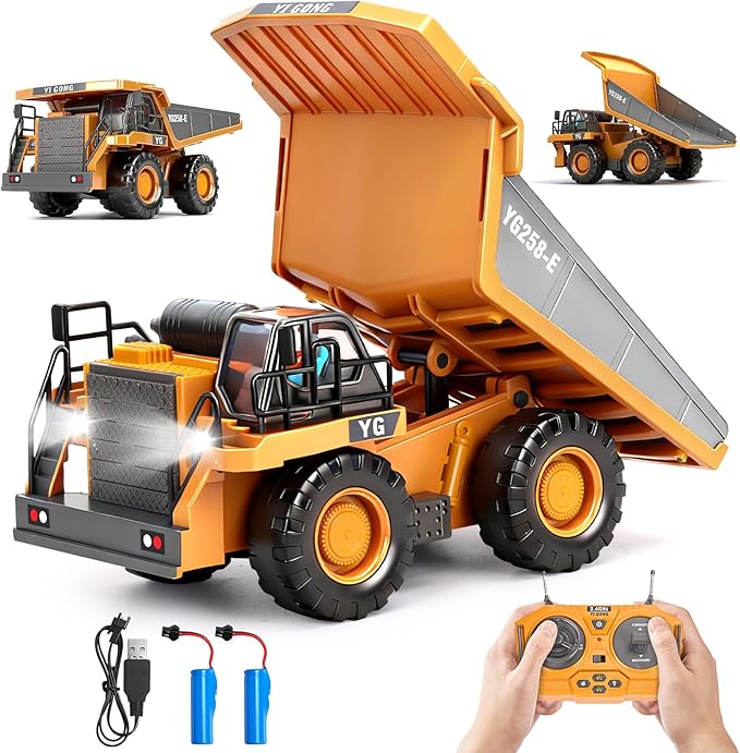HuiJuKeJi Remote Control Dump Truck - 360° Rotating Metal Bed, 9-Channel RC Construction Toy for Indoor Outdoor Play, Rechargeable with Lights & Sounds, for Kids Ages 6+