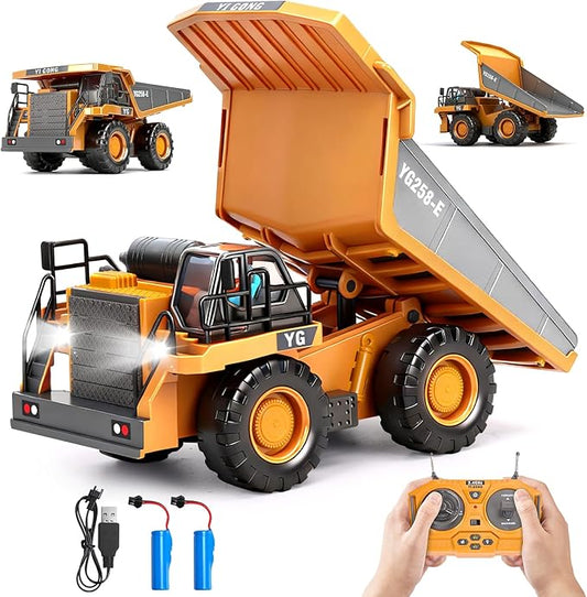 HuiJuKeJi Remote Control Dump Truck - 360° Rotating Metal Bed, 9-Channel RC Construction Toy for Indoor Outdoor Play, Rechargeable with Lights & Sounds, for Kids Ages 6+