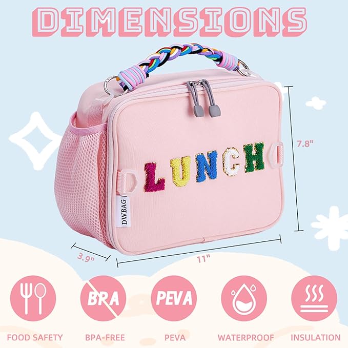 Lunch Bag Kids,Insulated Lunch Bag for Girls with Shoulder Strap,Easy Holds Lunch Box,Snacks and Water Bottle Together,Keep Foods Fresh in School or Picnic (Pink)