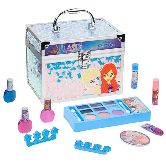 Disney Frozen Train Case Beauty Set, Kids Makeup Kit for Girls, Real Washable Makeup Set, Play Makeup, Party Favor, Birthday, Ages 3 4 5 6 7 8 9 10 11 12 by Townley Girl