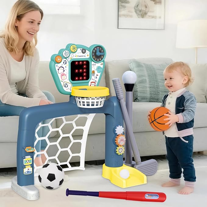 4 in 1 Adjustable Basketball Hoop Soccer Goal for Toddlers 1-3,Kids Sports Toys with Golf Baseball Toy,LED Scoreboard, Music & Educational Games,Indoor & Outdoor Baby Activity Center Age 18+M Boy Girl