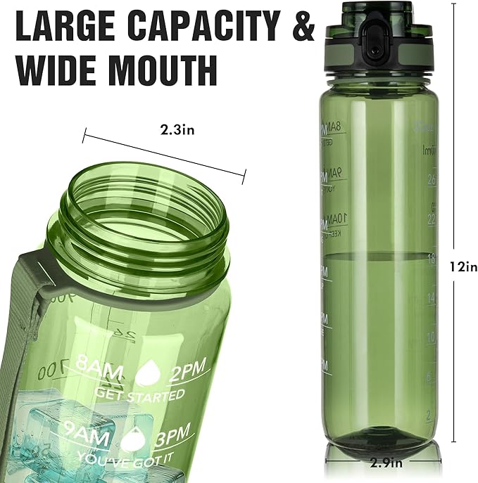 OLDLEY Water Bottle 32oz, Durable and Leakproof Water Bottles Motivational with Time Marker, Tritan, BPA Free, Wide Mouth, Gym, Travel, Home, School, Office, Olive (1 Bottle)