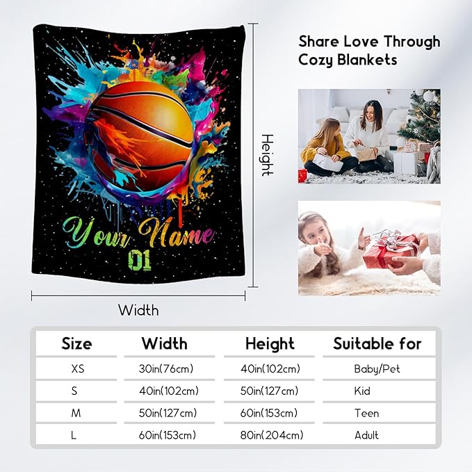 Personalized Basketball Blanket for Girls, Custom Basketball Gifts for Boys Adults Sport Lovers, Kids Throw Blankets for Team Player Couch Bed Home Decor (Colorful, 50x60 Inch)