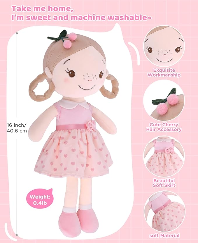 GAGAKU Soft Baby Doll Toys (16'') for Girls, My First Baby Rag Dolls for 1 Year Old Girl Birthday Gift Plush Doll Toys Machine Washable Baby Doll for Toddler Kids Infants - Cherry Girl