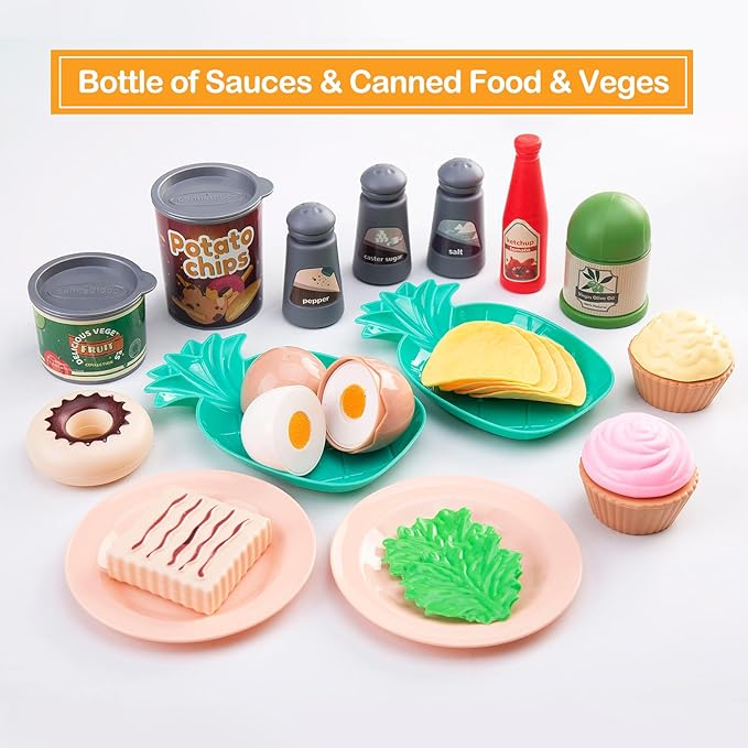 80pcs Pretend Play Kitchen Set for Toddlers, Kids Cookware Playset with Pots/Pans/Food/Fruits/Vegetables/Picnic Blanket/Storage Basket, Pink Educational Learning Toy Gift for Boys & Girls