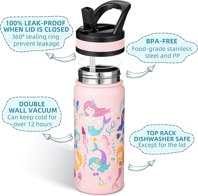 Fanhaw 18 Oz Kids Insulated Water Bottle with Straw - Stainless Steel Double Wall Vacuum Cup, Leakproof, BPA Free, Suitable for Boys and Girls(Pink - Sweat Mermaids)