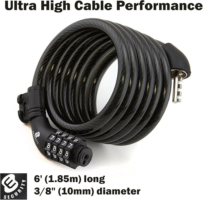 Etronic Bike Lock M6, Cable Lock 6 Feet Long Coiled Security Resettable Combo Combination Lock Bicycle Lock with Mounting Bracket