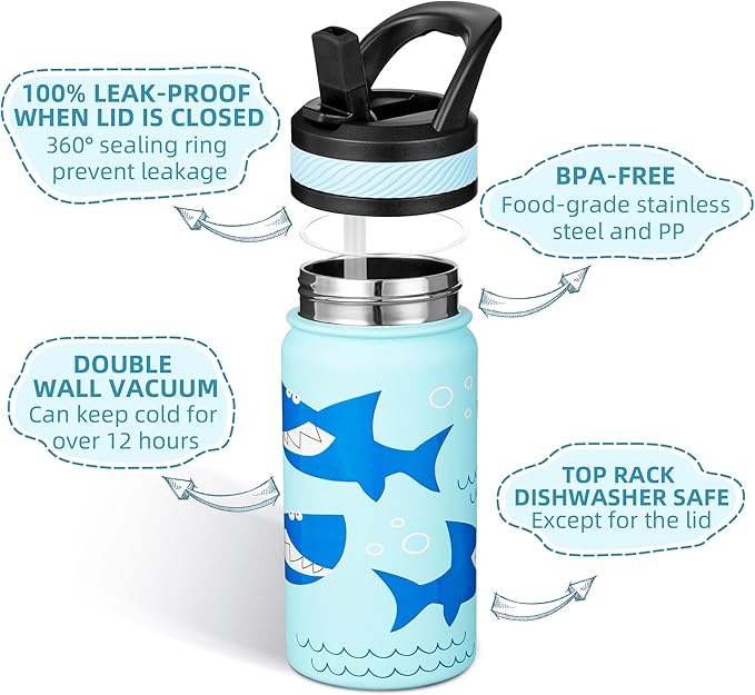 Fanhaw 14 Oz Kids Insulated Water Bottle with Straw - Stainless Steel Double Wall Vacuum Cup, Leakproof, BPA Free, Suitable for Boys and Girls(Pale Blue - Big Shark)