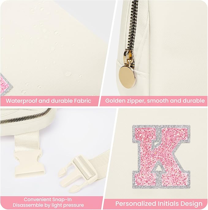 Birthday Gifts for 6 7 8 9 10 11 12 13 Year Old Girls, Fanny Pack Belt Bag Crossbody Bags for Women Girls Kids, Small Initial Letter Waist Packs Cute Teen Trendy Stuff Travel Essentials (Cream, K)