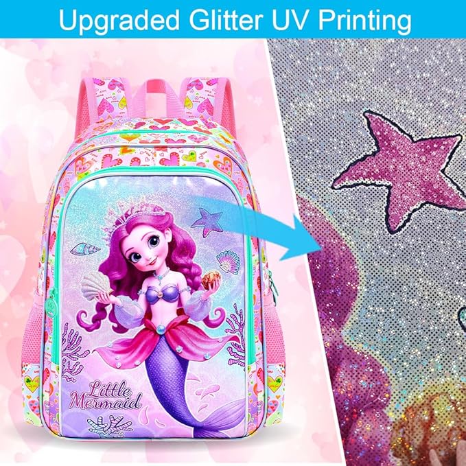 CCJPX 16" Mermaid Backpack for Girls, 3Pcs Kids Bookbag with Lunch Box, Water Resistant Elementary School Bag for Kindergarten Preschool Toddler (Pink)