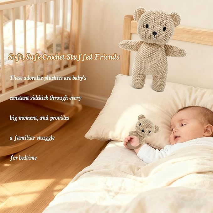 10" Crochet Bear Stuffed Animal with Rattle, Pure Cotton Soft Crochet Doll Plush Toy for Newborn, Handmade Baby Shower Gift & First Birthday Gift