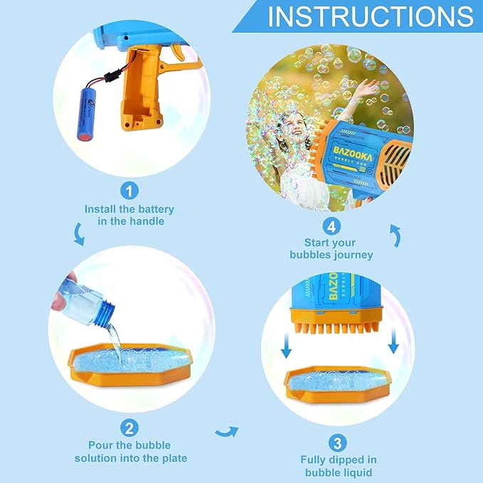 Bubble Gun Bazooka Machine with Solution - 69 Holes Blaster for Outdoor Summer Toy, Party Favors - Blue Halloween Bubble Maker Blowers for Kids