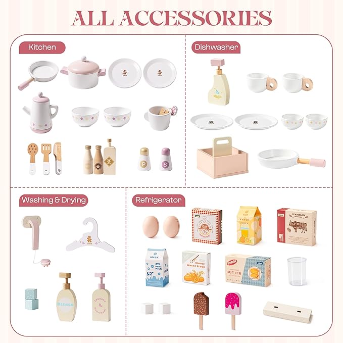 ROBUD Wooden Play Kitchen, Kids Kitchen Playset, Toy Kitchen Set with Fridge, Washing Machine, Dishwasher Toddlers Kitchen Playset Gift for Boys & Girls, Age 3+ (Pink)