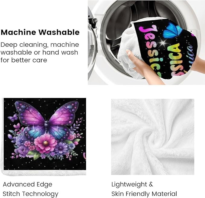 Custom Girl Blanket with Name Personalized Butterfly Blanket Customized Soft Throw Blanket for Newborn Toddler Teens Baby Shower Birthday