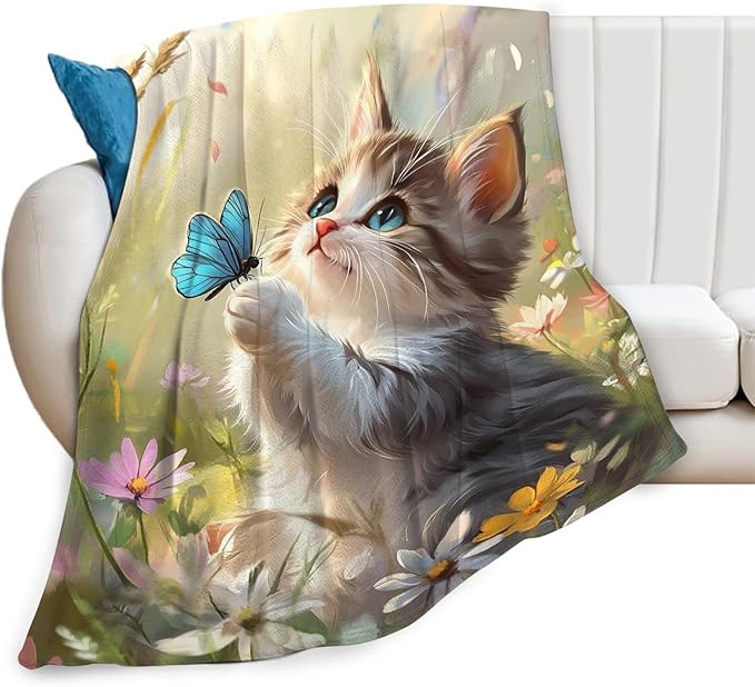 Cat Blanket Gifts for Girls Boys Blue Butterfly Throw Blankets Cozy Plush Cute Flower Fleece Lightweight Flannel Fuzzy 80"X60"