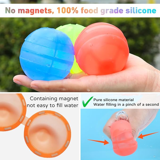 Reusable Water Balloons for Kids, 24PCS Refillable Latex-Free Silicone Water Bomb with Mesh Bag, Summer Toys Beach toys Swimming Pool Party Supplies Bath Toy Outdoor Idea Gift for Kids