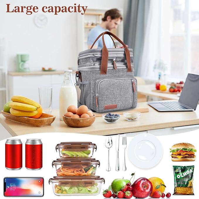 LOKASS Lunch Box & Lunch Bag for Women Men Double Deck, Large Insulated Adult Lunch Box Leakproof Lunchbox Cooler Bag for Work Picnic Beach,（Gray16L）