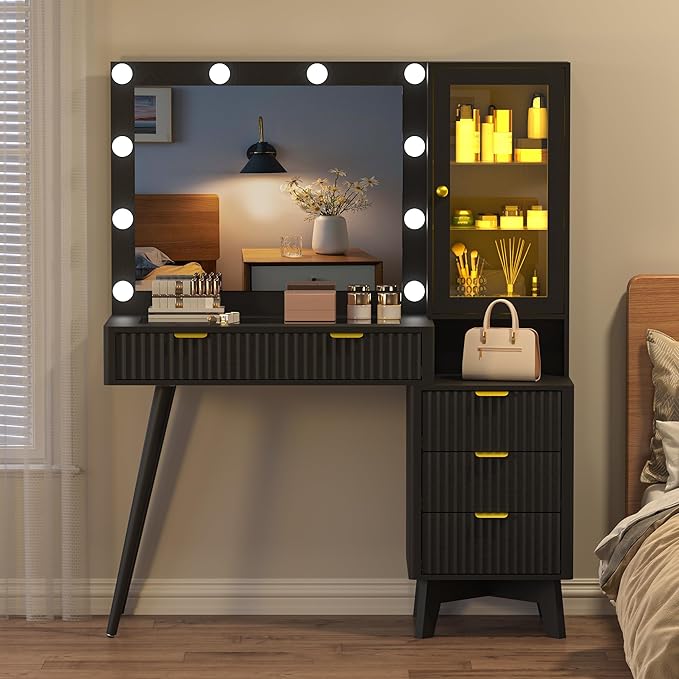 45” Fluted Makeup Vanity Desk with Mirror and Lights, Glass Top Dressing Table with 5 Drawers, LED Lighted Adjustable Cabinet, Trays & Charging Station for Bedroom Dressing Room