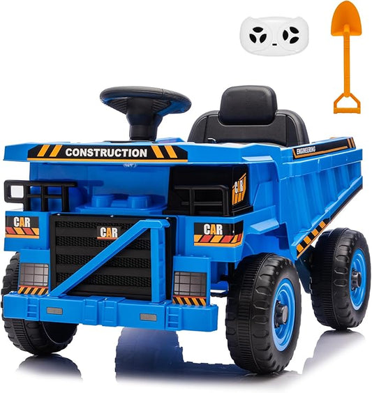 12V Ride On Construction Truck, Battery Powered Ride On Car with Remote Control, Kids Electric Vehicle with Shovel, Speaker, Blue