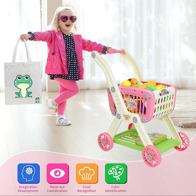 Kids Shopping Cart - 2 in 1 Toy Shopping Cart with Play Food Fruit Vegetable Dessert and Shop Accessories, 72pcs Pretend Play Grocery Store Toy Kitchen Game Trolley Play Set for Kids (Pink)