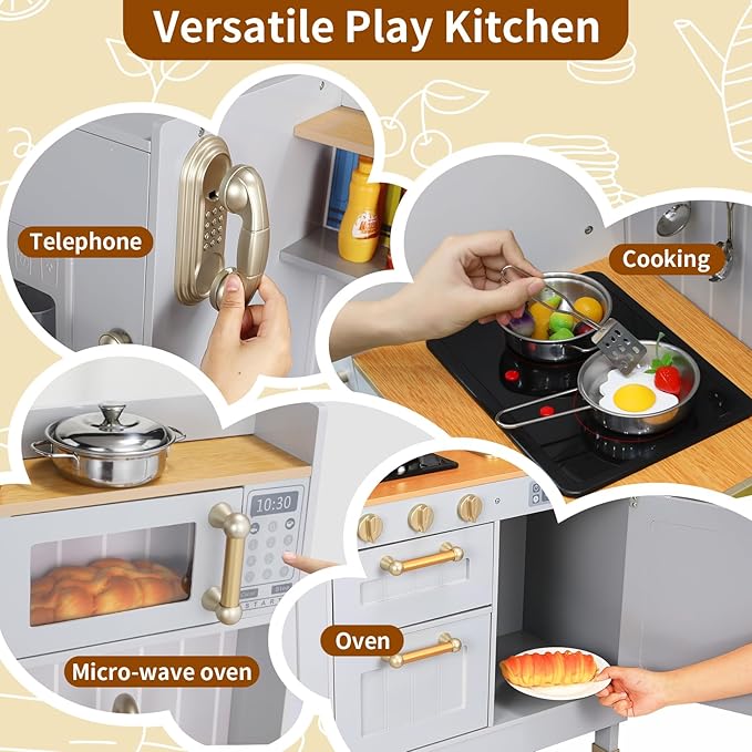 Arlopu Play Kitchen for Kids, Wooden Toy Toddler Kitchen Sets, Sturdy Pretend Cooking Playset with Storage & Accessories, Realistic Light & Sound, Stove, Fridge, Microwave, Removable Sink (Gray)