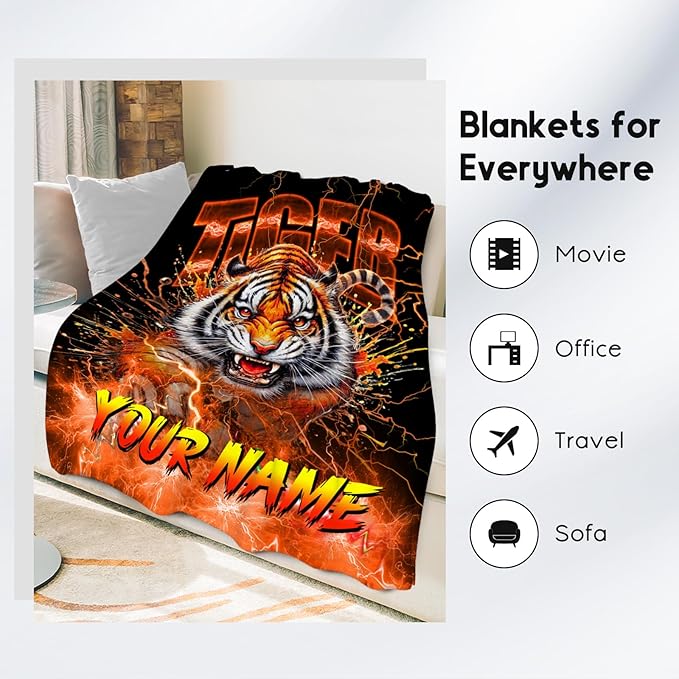 Kids Throw Blanket Custom Tiger Gifts for Boys Toddler, Fleece Soft Cozy Personalized Throw for Son Grandson (4 Sizes)