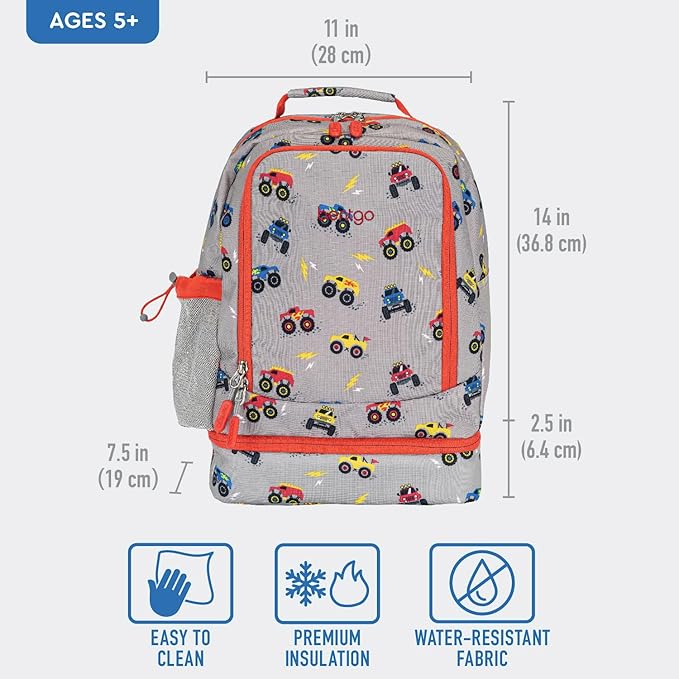 Bentgo Kids 2-in-1 Backpack & Insulated Lunch Bag - Durable 16” Backpack & Lunch Container in Unique Prints for School & Travel - Water Resistant, Padded & Large Compartments (Trucks)