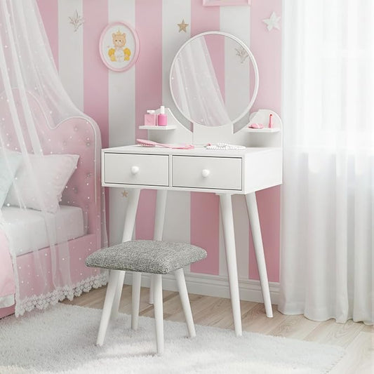 Arlopu Kids Vanity Table and Chair Set, 2 in 1 Toddler Makeup Dressing Desk with Detachable Large Mirror and Stool, Drawers, Princess Wooden Pretend Play Toys for Little Girls (White)