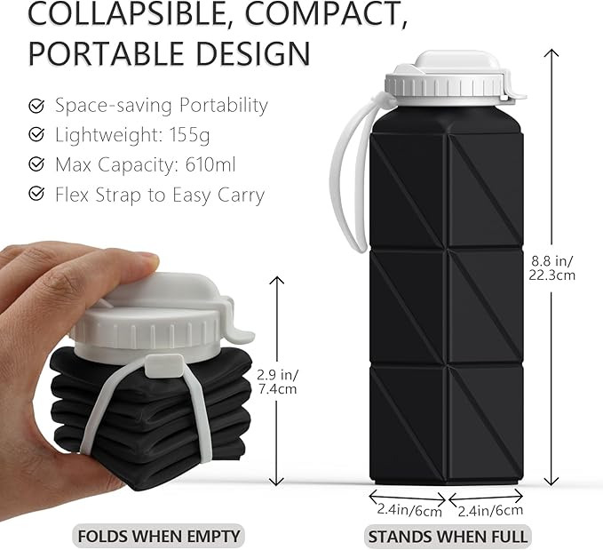 Collapsible Water Bottles with Straw 20.6oz, Silicone Foldable Portable Water Bottle, Lightweight Reusable Leakproof for Travel Camping Hiking Cycling Yoga Sports, 1 Pack (Black)