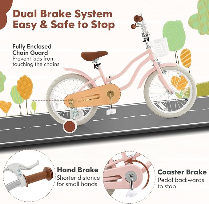 COSTWAY Kids Bike, 12 14 16 18 Inch Toddler Bike Children Bicycle w/Training Wheels, Hand & Coaster Brakes, Adjustable Saddle & Handlebar, Basket, Bell, Kids Bicycle for Girls Boys Aged 3-8 Years Old