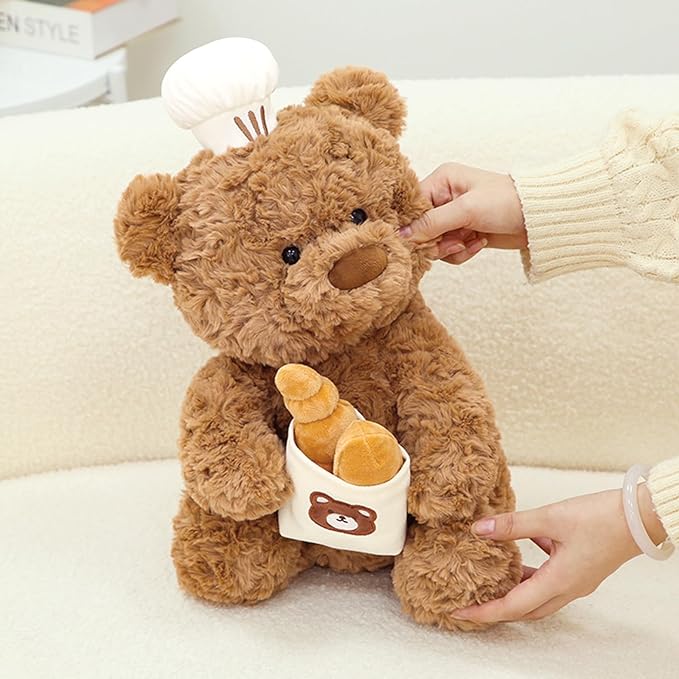 PEACH CAT Chef Teddy Bear Stuffed Animal Holds Toast Bread Bag Cute Bear Plush Soft Plushies Toy Pillow Gifts for Kids Brown 9.8"