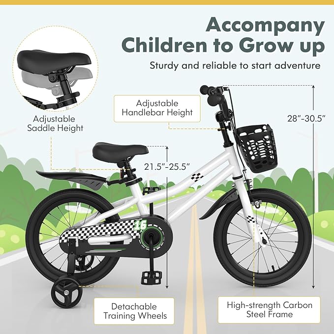 COSTWAY Kids Bike, 12 14 16 18 Inch Toddler Bike for Boys & Girls Aged 3-8 Years Old, Kids Bicycle w/Removable Training Wheels, Handbrake & Coaster Brake, Basket, Bell