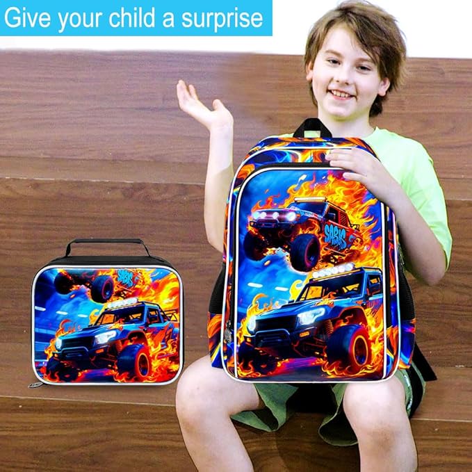 17" Monster Truck Backpack for Boy, 3Pcs Fire Bookbag for Elementary Preschool Kindergarten, Kids School Backpacks with Lunch Box (Red)