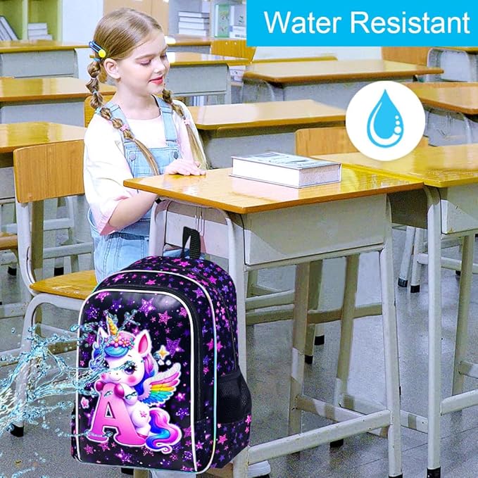 CCJPX 3Pcs Unicorn Backpack, 16” Girls Bookbag with Lunch Box, Kids Water Resistant Elementary School Bag for Kindergarten Preschool Toddler (Black)