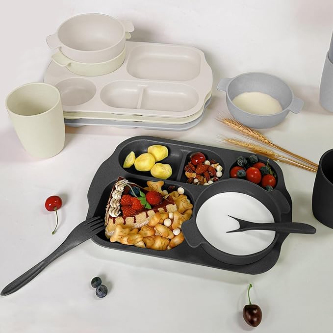 shopwithgreen Kids Toddlers Plates and Bowls Sets, 20 PCS Wheat Straw Dinnerware Cutlery Set, Unbreakable Tableware Divided Plate Spoon Knife Cup, Reusable Utensils Set for Kitchen Picnic School