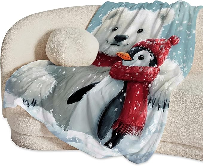 Polar Bear Blanket Penguin Throw Blankets for Girls Boys Women Men Gifts Plush Cozy Flannel Fleece Fuzzy Christmas Blanket for Bed Couch Sofa 80"X60"