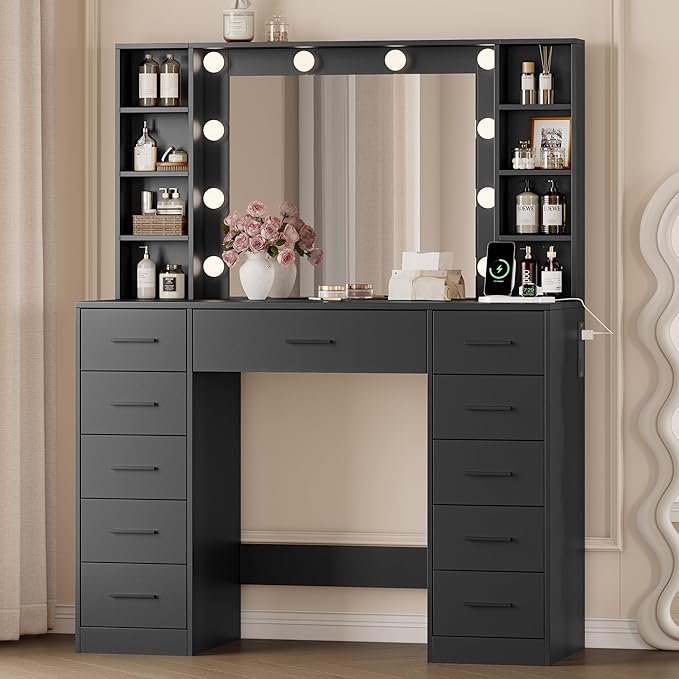 Makeup Vanity with Drawers, 43" Black Vanity Desk with Mirror and Lights, 11 Drawers & 4 Shelves, Power Outlet & Adjustable LED Lights, Dressing Table for Women & Girls Bedroom