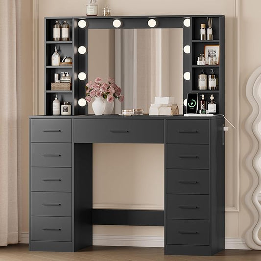 Makeup Vanity with Drawers, 43" Black Vanity Desk with Mirror and Lights, 11 Drawers & 4 Shelves, Power Outlet & Adjustable LED Lights, Dressing Table for Women & Girls Bedroom