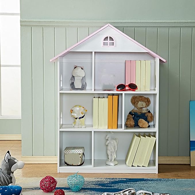 Wooden Dollhouse Bookshelf 4-Tier Kids Bookcase, Toy Storage Organizer & Playhouse with 6 Compartments for Girls Boys, Pink and White Room Furniture for Bedroom Playroom