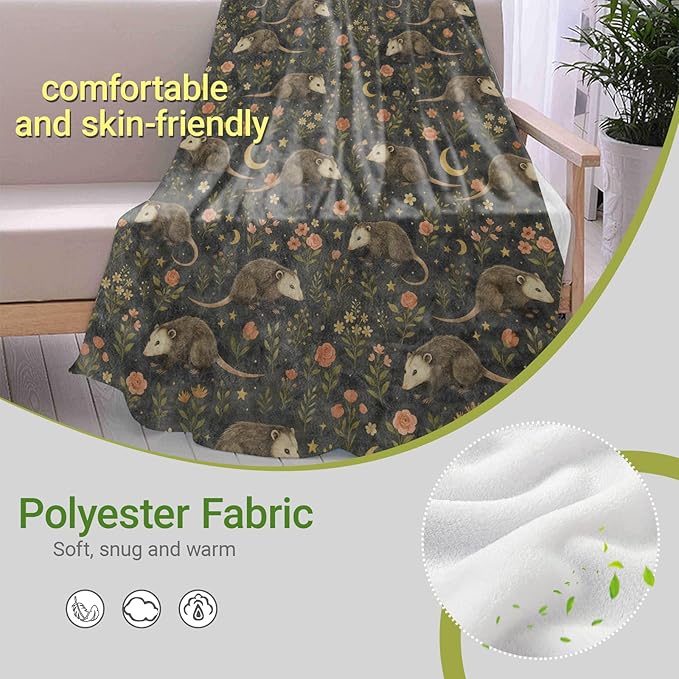 Cute Opossum Blanket,Possum with Moon and Floral Fleece Blankets,Soft Warm Decorative Throw for Bedroom,Living Room,Travel,Camping,Practical Throws Gifts for Kids Animal Lovers,50X60 Inch