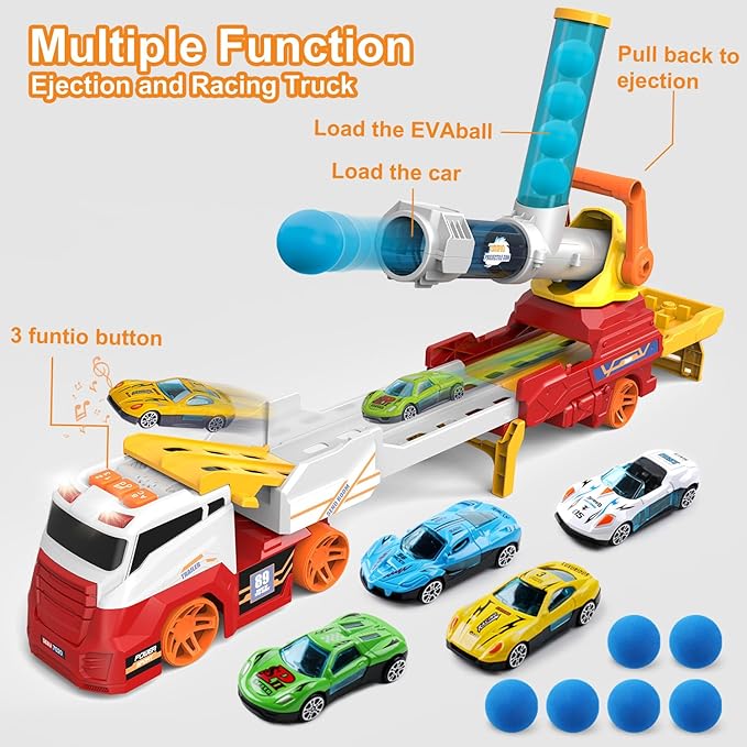 Dwi Dowellin Truck Toys for Kids, 28" Large Car Toys Include 4 Racing Cars+6 Ball, with Light & Sounds, Eejection&Shooting Transport Cars Toy, Gifts for Boys Girls-RED