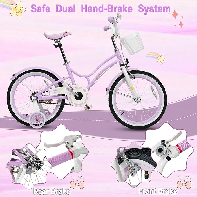 HONEY JOY Kids Bike, 12 14 16 18 20 Inch Toddler Bikes w/Training Wheels, Handbrake & Coaster Brake, Fully Enclosed Chain, Adjustable Handlebar & Seat, Kids Bicycle w/Basket, Girls Boys Bike 3-8