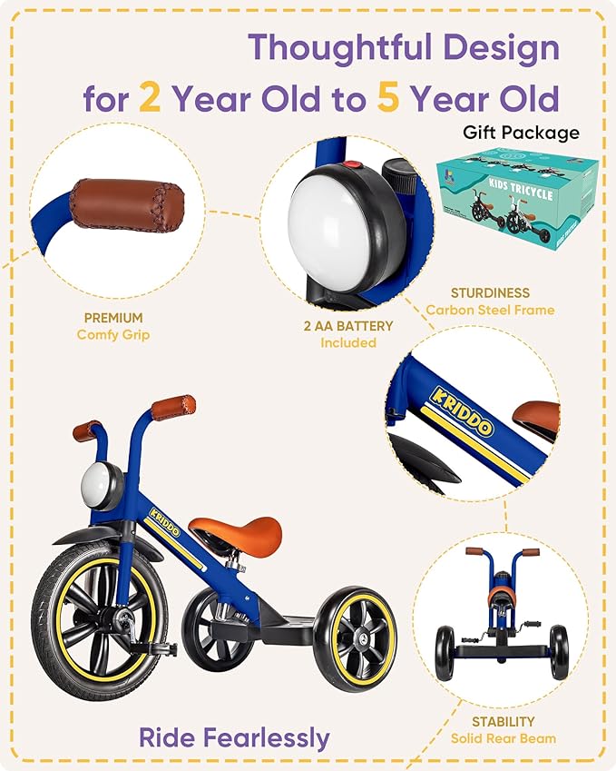 KRIDDO Kids 12 Inch Tricycle With Puncture Free Wheels, Front Light, Adjustable Seat - Gift for 2-5 Year Olds, Blue