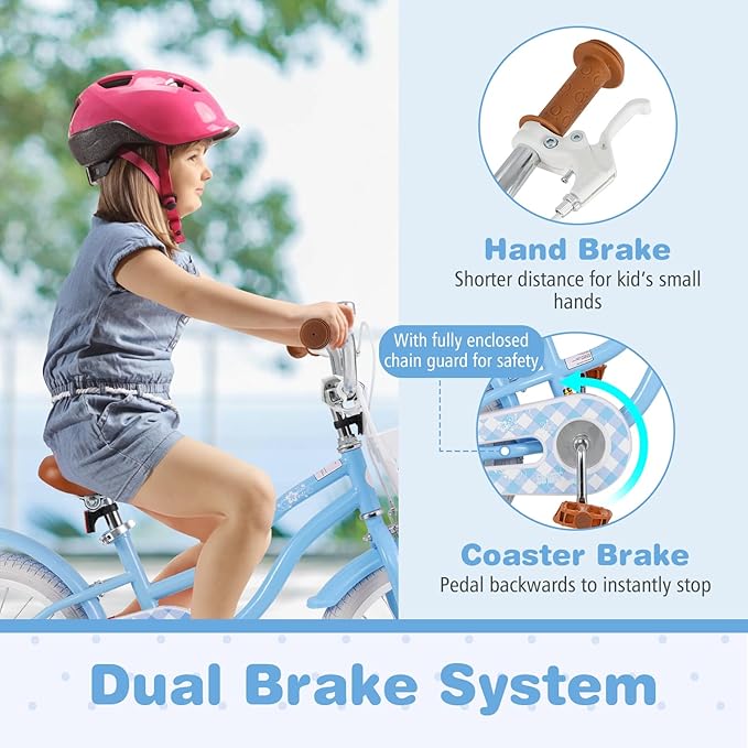 BABY JOY Kids Bike, 12 14 16 18 20 Inch Boys Girls Bike w/Adjustable Seat, Removable Basket, Handbrake & Coaster Brake, Training Wheels or Kickstand, Kids Bicycle with Multi-Color