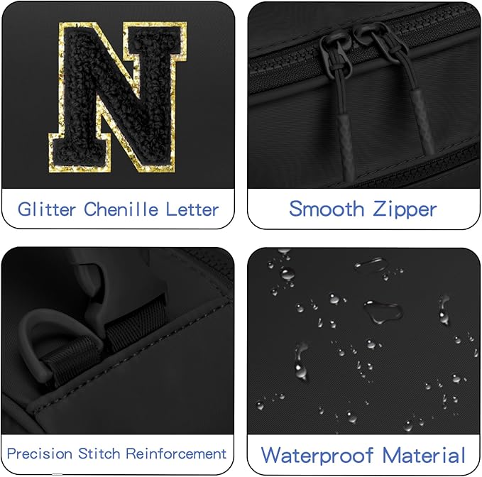 Initial Insulated Lunch Bag for Boys Kids, Back to School Gift, Reusable Leak-proof Lunch Box with Adjustable Strap for School Daycare Travel Picnic（Black，N）