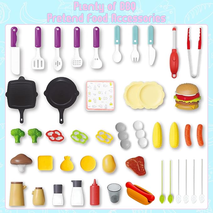 Kid Toy Grill, BBQ Grill Playset with Light Sound, Smoke Effect and 2 Wheels, Pretend Food, Little Chef Play Kitchen Accessories, Birthday for Boys Girls Ages 3 4 5 6 7 8