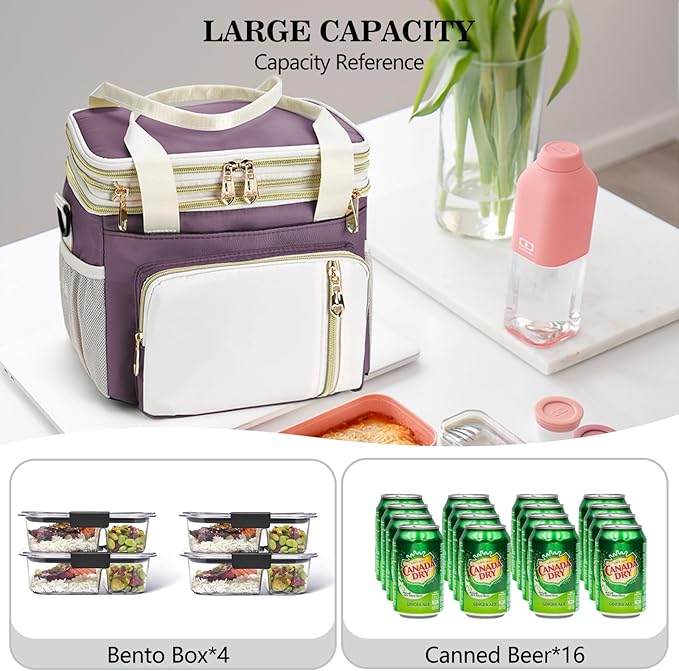 LOKASS Lunch Box & Lunch Bag for Women Men Double Deck, Large Insulated Adult Lunch Box Leakproof Lunchbox Cooler Bag for Work Picnic Beach,（Dark Pink 16L）
