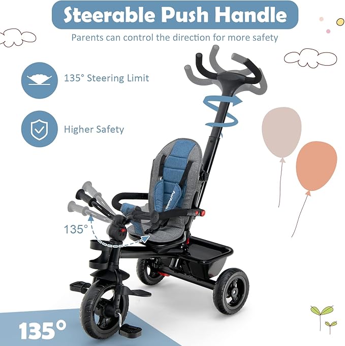 BABY JOY Tricycle, 5 in 1 Toddler Bike W/Removable Push Handle, Reversible Seat, EVA Wheel, Adjustable Canopy, Cup Holder & Storage, Ideal for Kids 1.5-5 Years Old, Tricycle for Toddler (Blue)